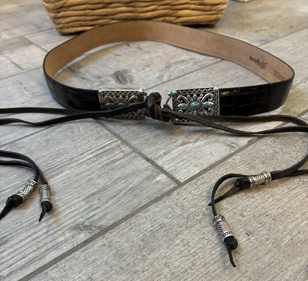 Brighton B30103 Black Croc Leather Southwestern Tie Belt Silver Turquoise L Vtg